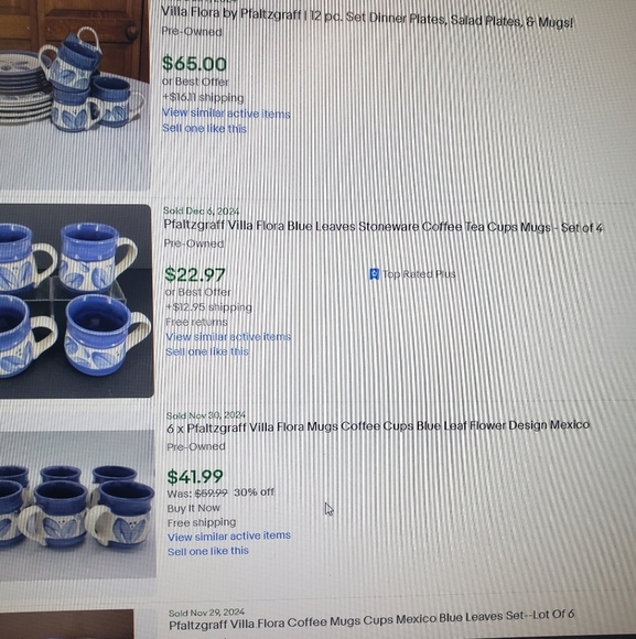 NWOT PFALTZGRAFF Villa Flora Blue Leaves Stoneware Coffee Mugs Set of 4 - Picture 10 of 12